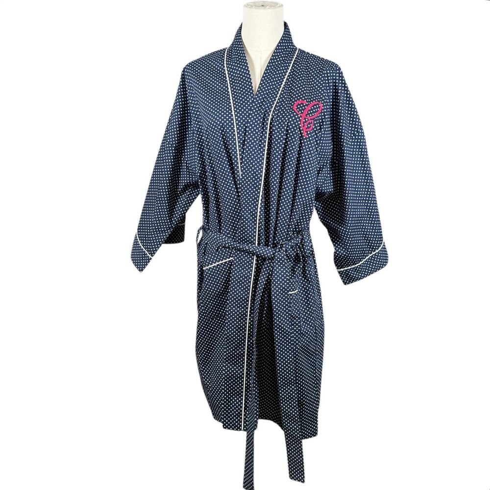 Mark & Graham Monogram C Cotton Robe Small Navy Polka Dots Preppy Loungewear